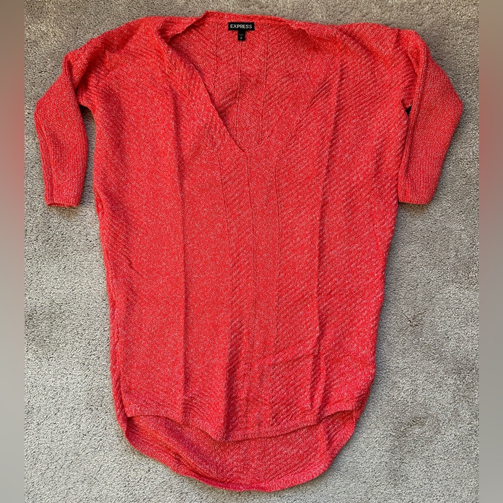 Express Coral 3/4 Sleeve V Neck Knit Sweater